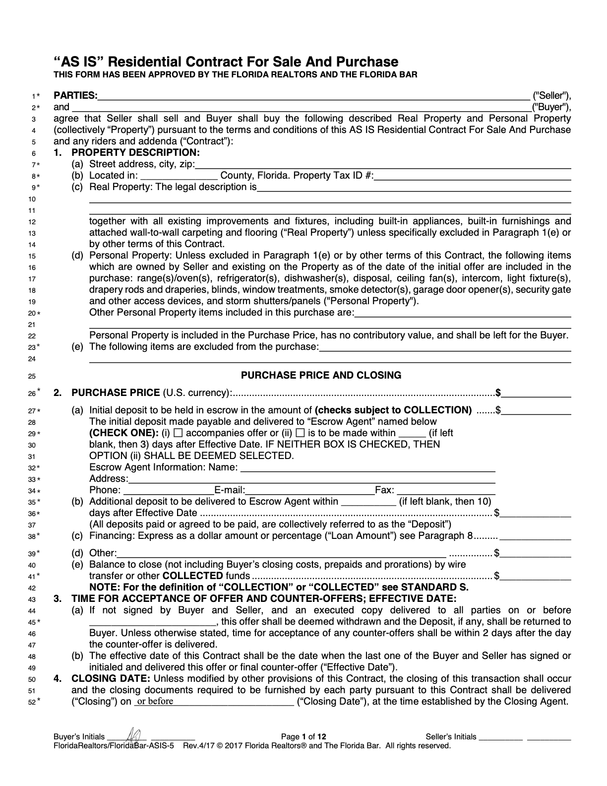 A Florida FAR/BAR AS-IS state approved contract auto-filled by SendMLS with the owner, parcel, legal description and offer terms